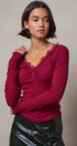 Lace Trim Ribbed Knit Henley Top in WINE - Women's TOPS | Urban Daizy