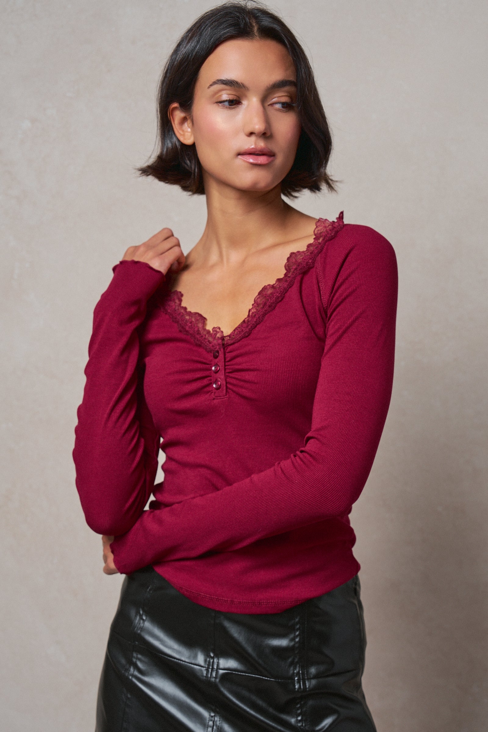 Lace Trim Ribbed Knit Henley Top in WINE - Women's TOPS | Urban Daizy