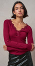 Lace Trim Ribbed Knit Henley Top in WINE - Women's TOPS | Urban Daizy