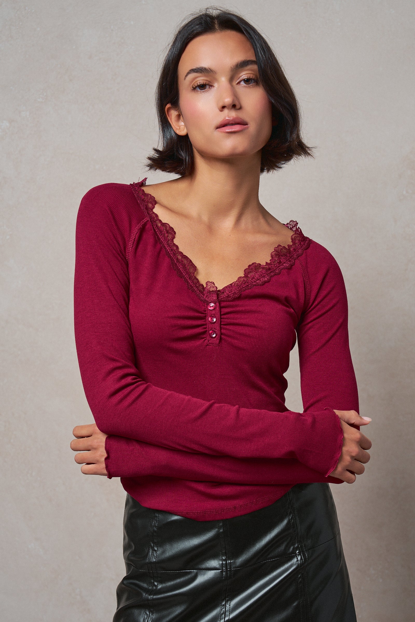 Lace Trim Ribbed Knit Henley Top in WINE - Women's TOPS | Urban Daizy