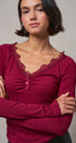 Lace Trim Ribbed Knit Henley Top in WINE - Women's TOPS | Urban Daizy