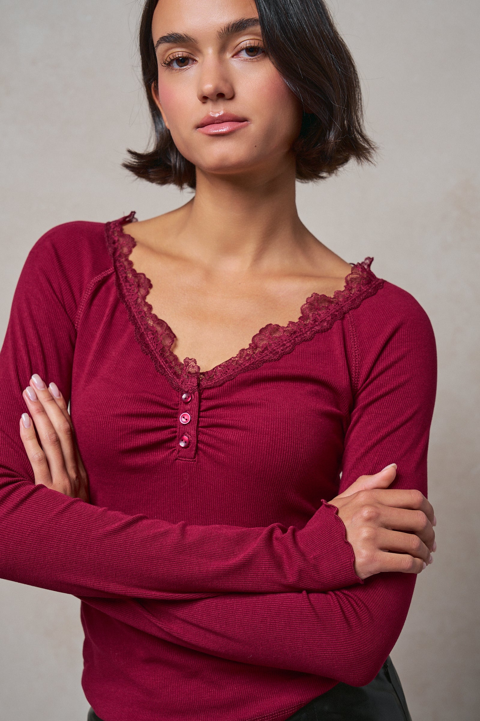 Lace Trim Ribbed Knit Henley Top in WINE - Women's TOPS | Urban Daizy