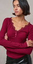 Lace Trim Ribbed Knit Henley Top in WINE - Women's TOPS | Urban Daizy