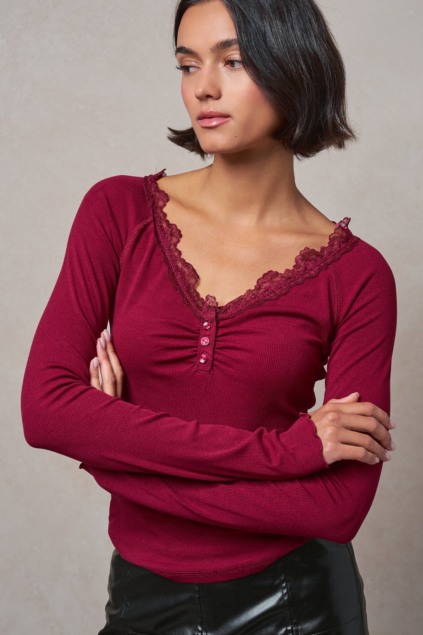 Lace Trim Ribbed Knit Henley Top in WINE - Women's TOPS | Urban Daizy