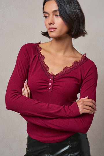 Lace Trim Ribbed Knit Henley Top