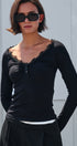 Lace Trim Ribbed Knit Henley Top in WINE - Women's TOPS | Urban Daizy