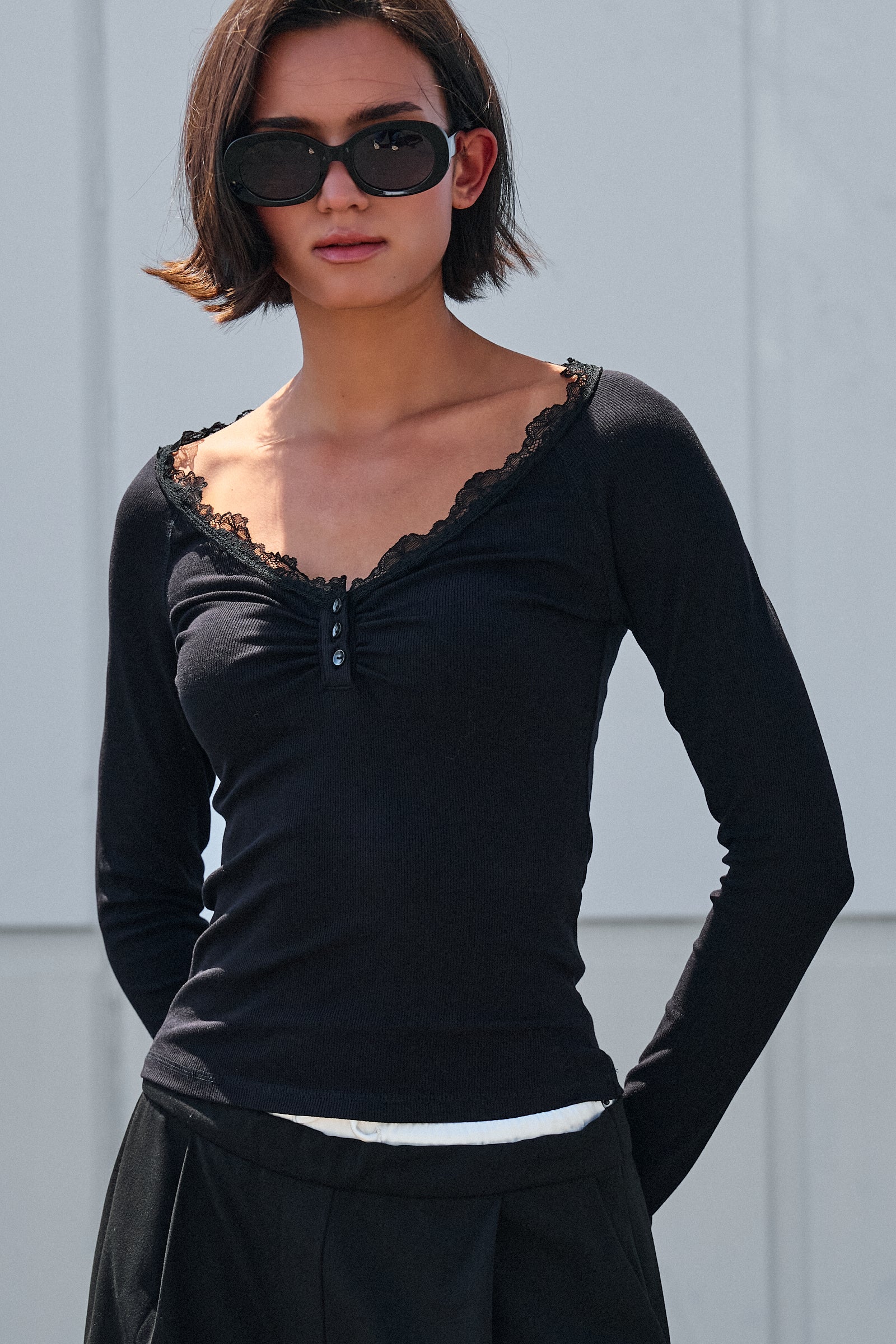 Lace Trim Ribbed Knit Henley Top in WINE - Women's TOPS | Urban Daizy