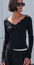 Lace Trim Ribbed Knit Henley Top - Women's TOPS | Urban Daizy