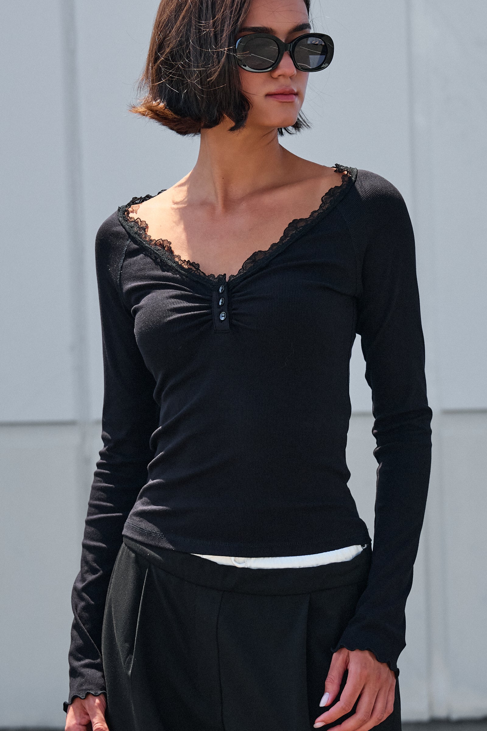 Lace Trim Ribbed Knit Henley Top - Women's TOPS | Urban Daizy