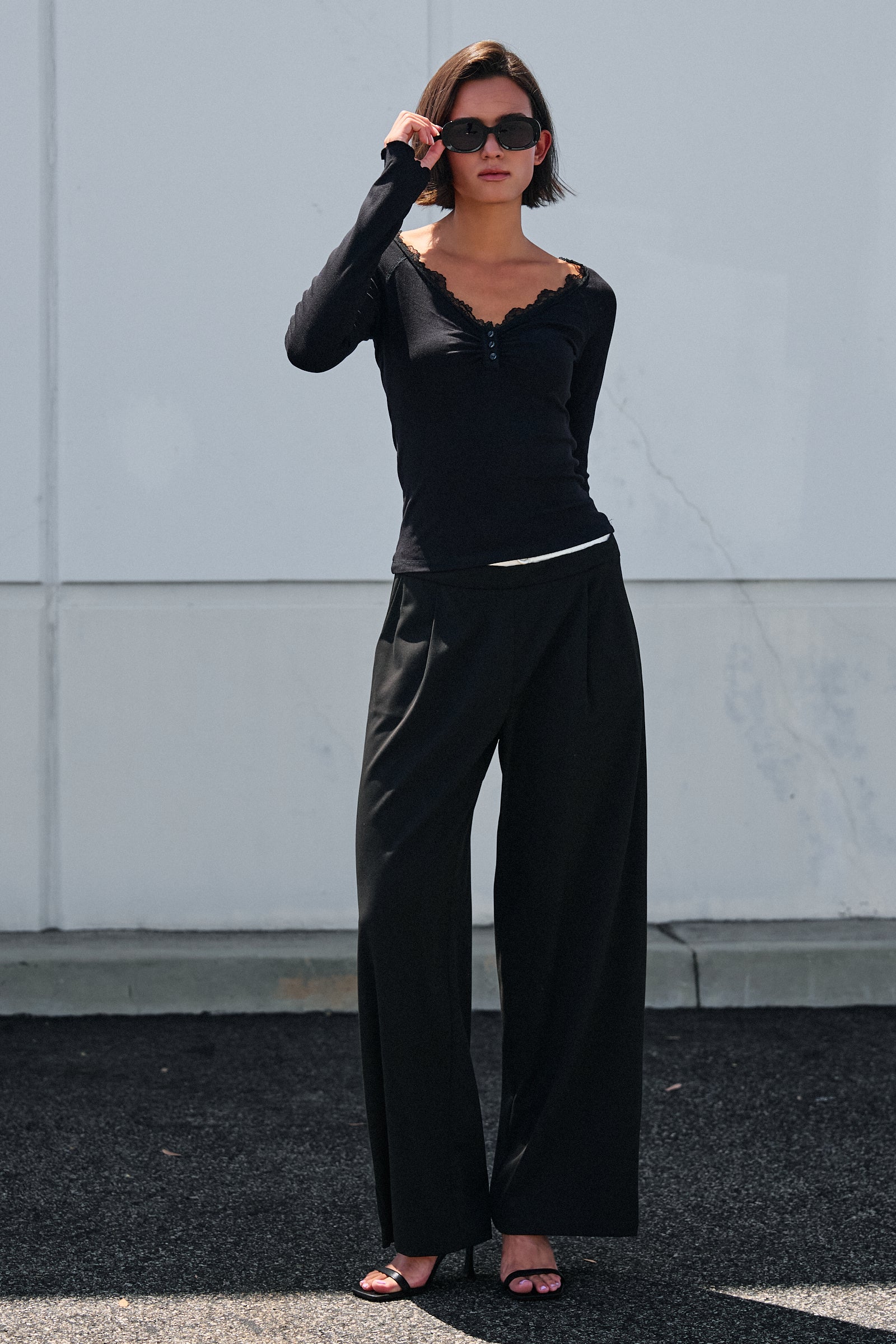 Lace Trim Ribbed Knit Henley Top - Women's TOPS | Urban Daizy