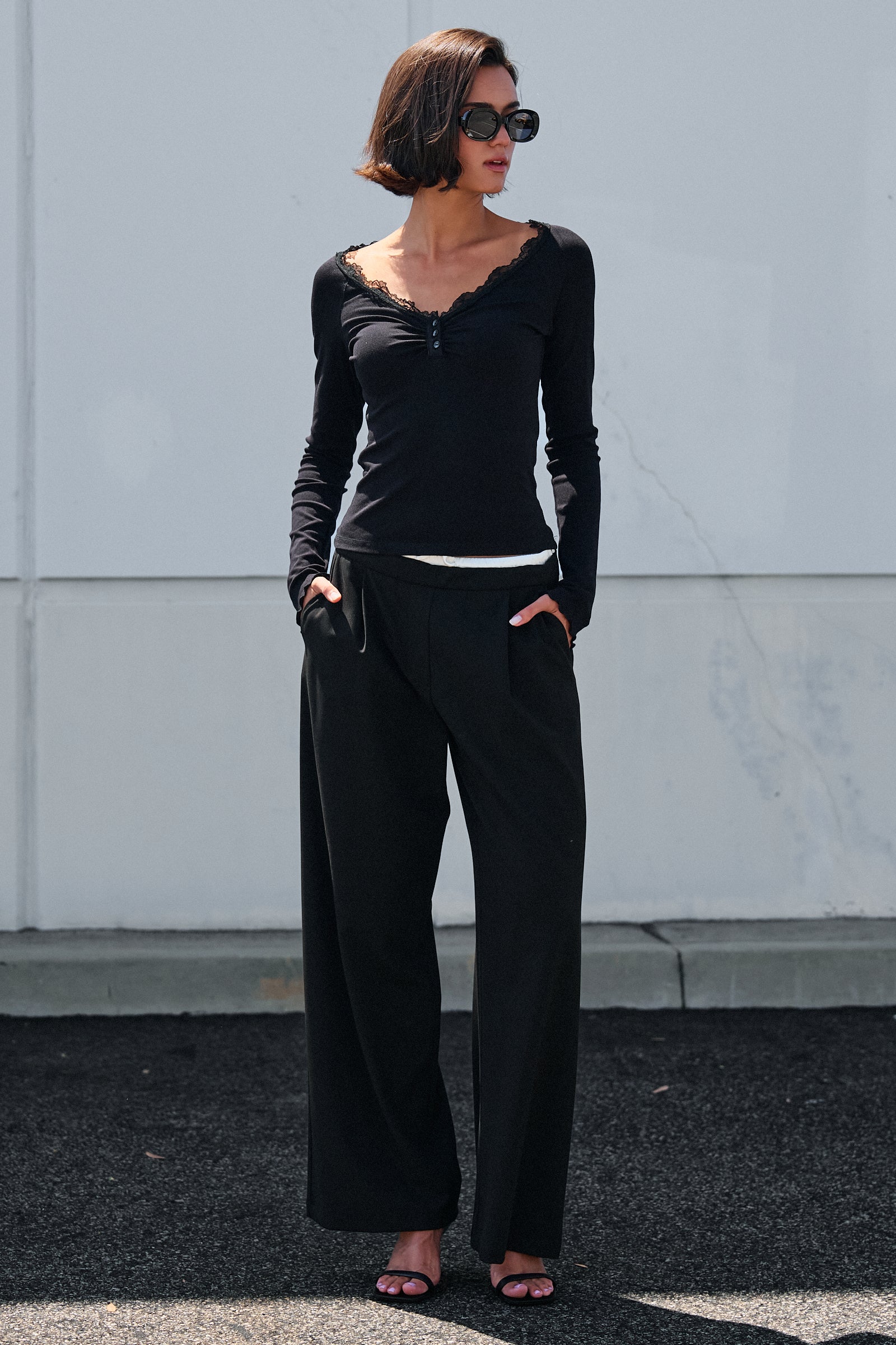 Lace Trim Ribbed Knit Henley Top - Women's TOPS | Urban Daizy