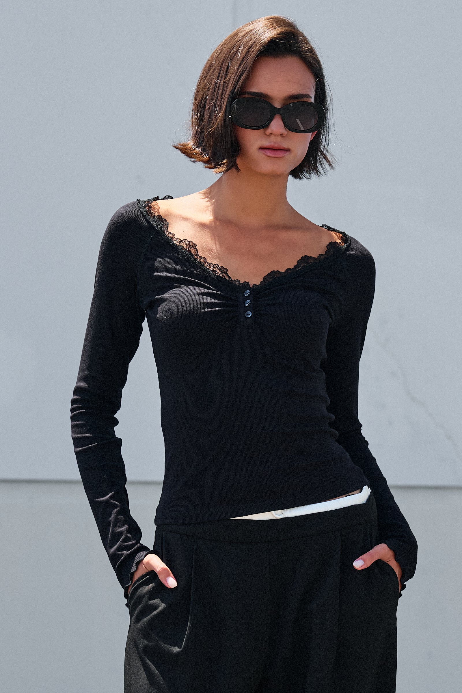 Lace Trim Ribbed Knit Henley Top - Women's TOPS | Urban Daizy
