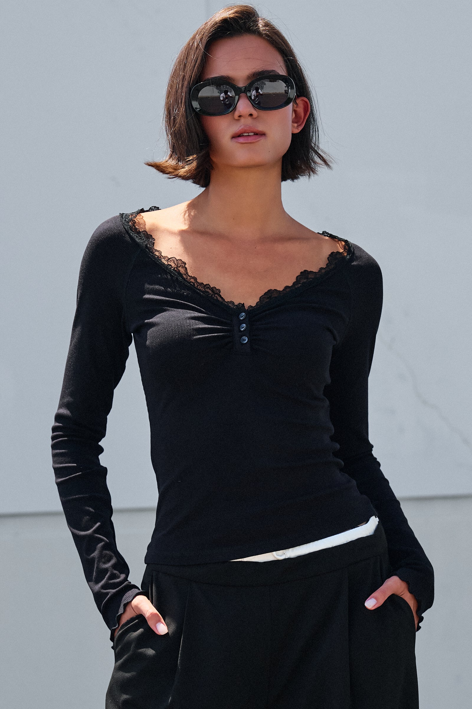 Lace Trim Ribbed Knit Henley Top - Women's TOPS | Urban Daizy