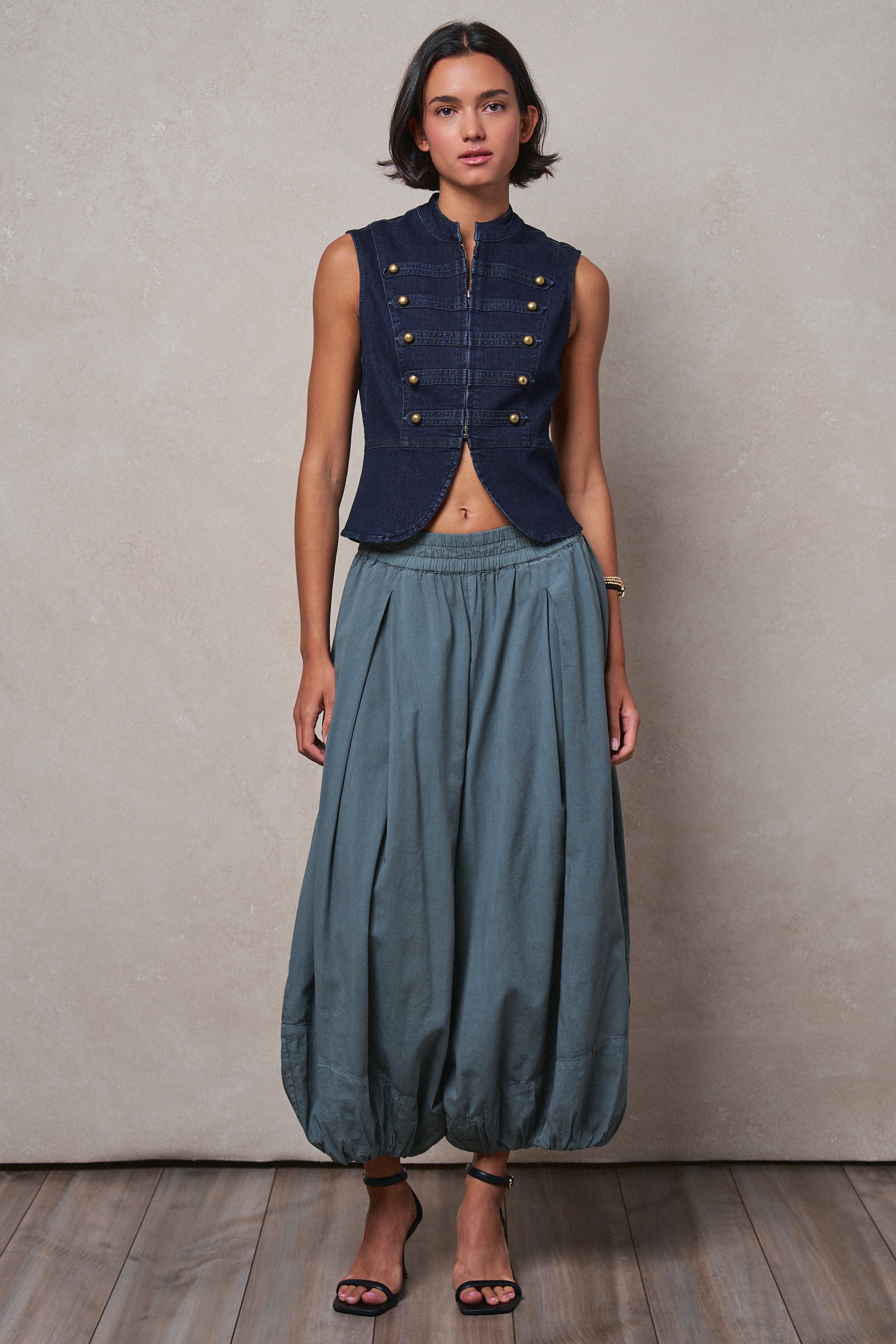 Military Button Zip-Front Denim Vest in INDIGO - Women's Fashion | Urban Daizy