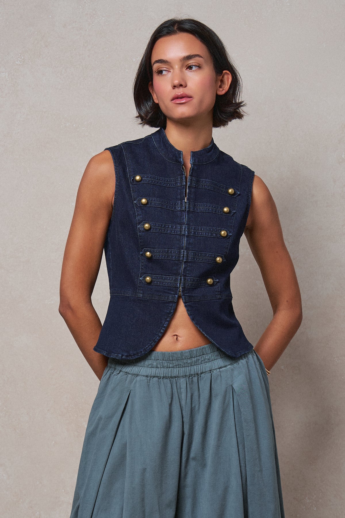 Military Button Zip-Front Denim Vest in INDIGO - Women's Fashion | Urban Daizy