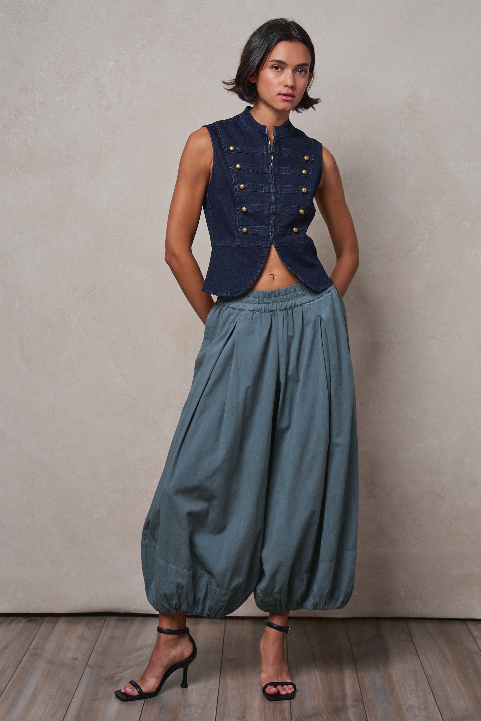 Military Button Zip-Front Denim Vest in INDIGO - Women's Fashion | Urban Daizy