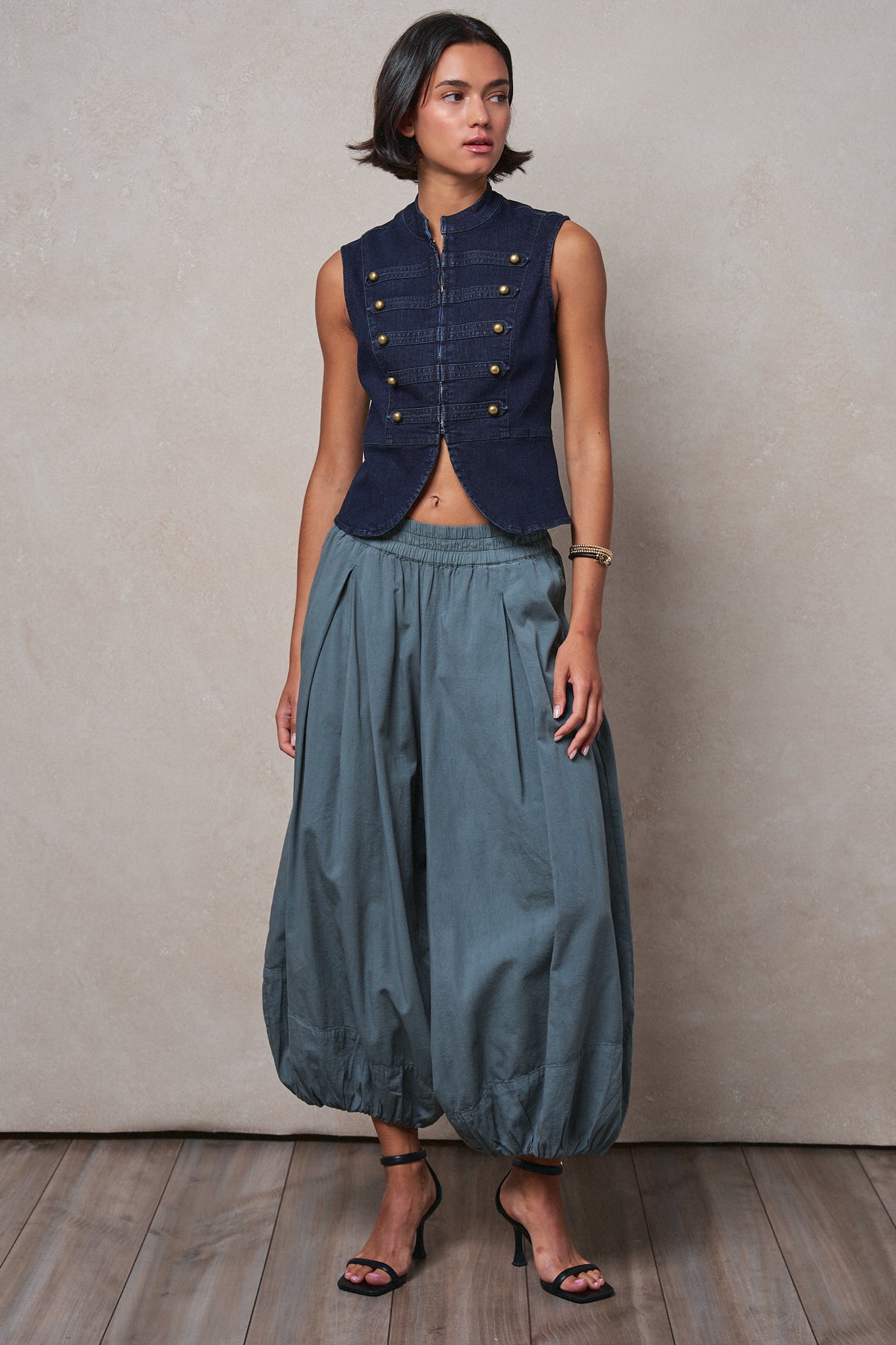 Military Button Zip-Front Denim Vest in INDIGO - Women's Fashion | Urban Daizy