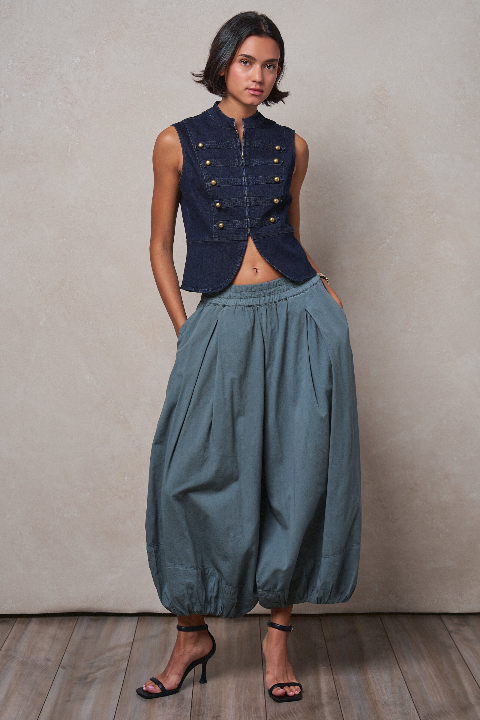 Military Button Zip-Front Denim Vest in INDIGO - Women's Fashion | Urban Daizy