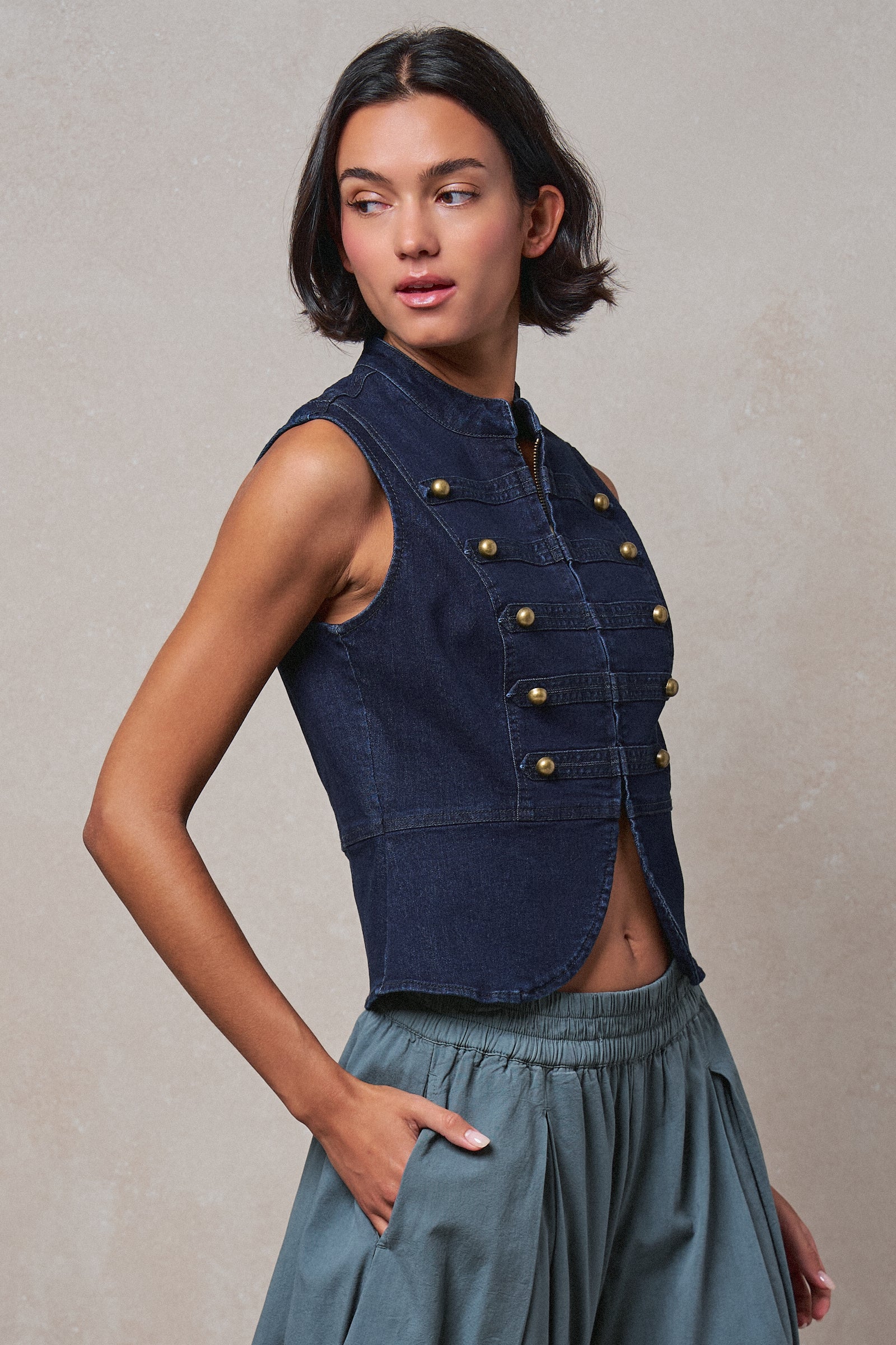 Military Button Zip-Front Denim Vest - Women's Fashion | Urban Daizy
