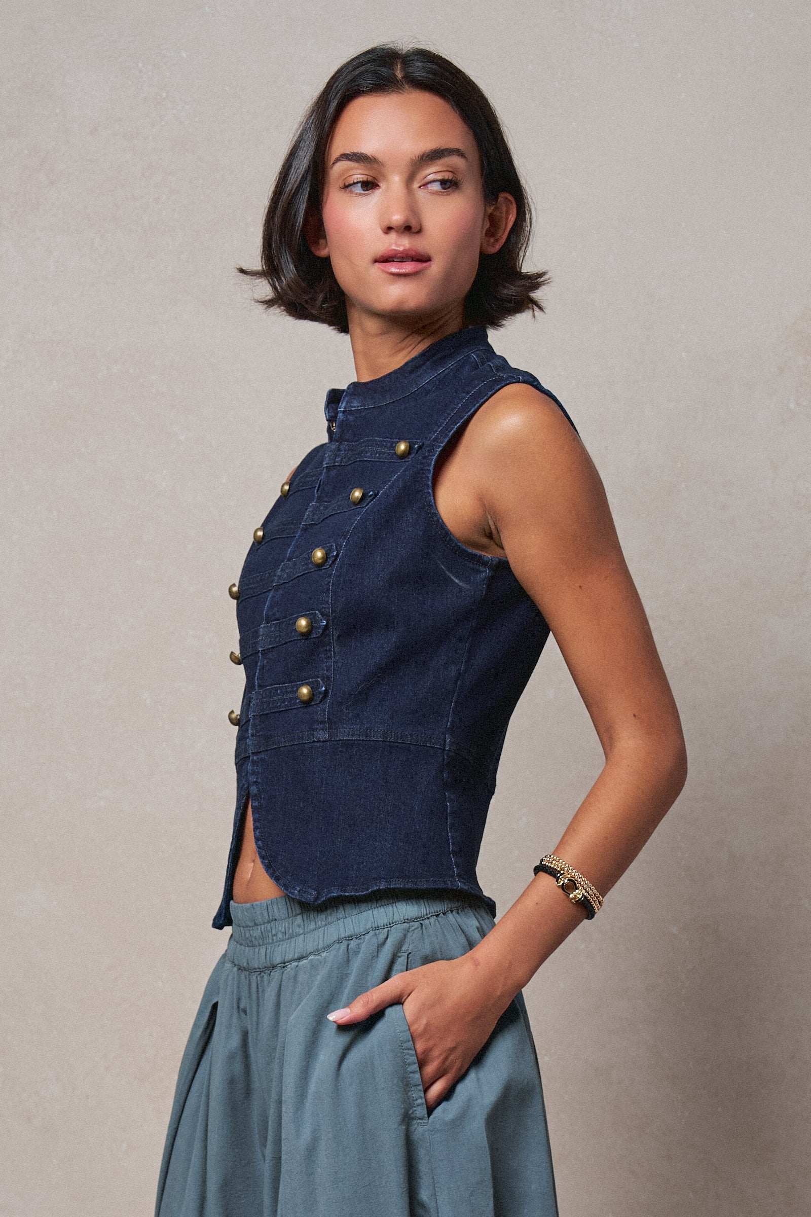 Military Button Zip-Front Denim Vest - Women's Fashion | Urban Daizy
