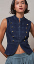 Military Button Zip-Front Denim Vest in INDIGO - Women's Fashion | Urban Daizy