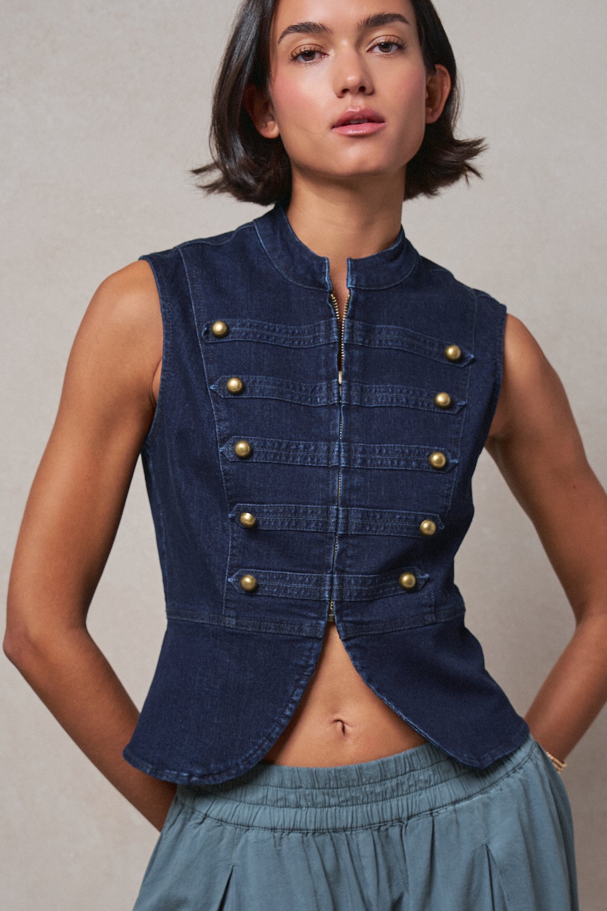 Military Button Zip-Front Denim Vest in INDIGO - Women's Fashion | Urban Daizy