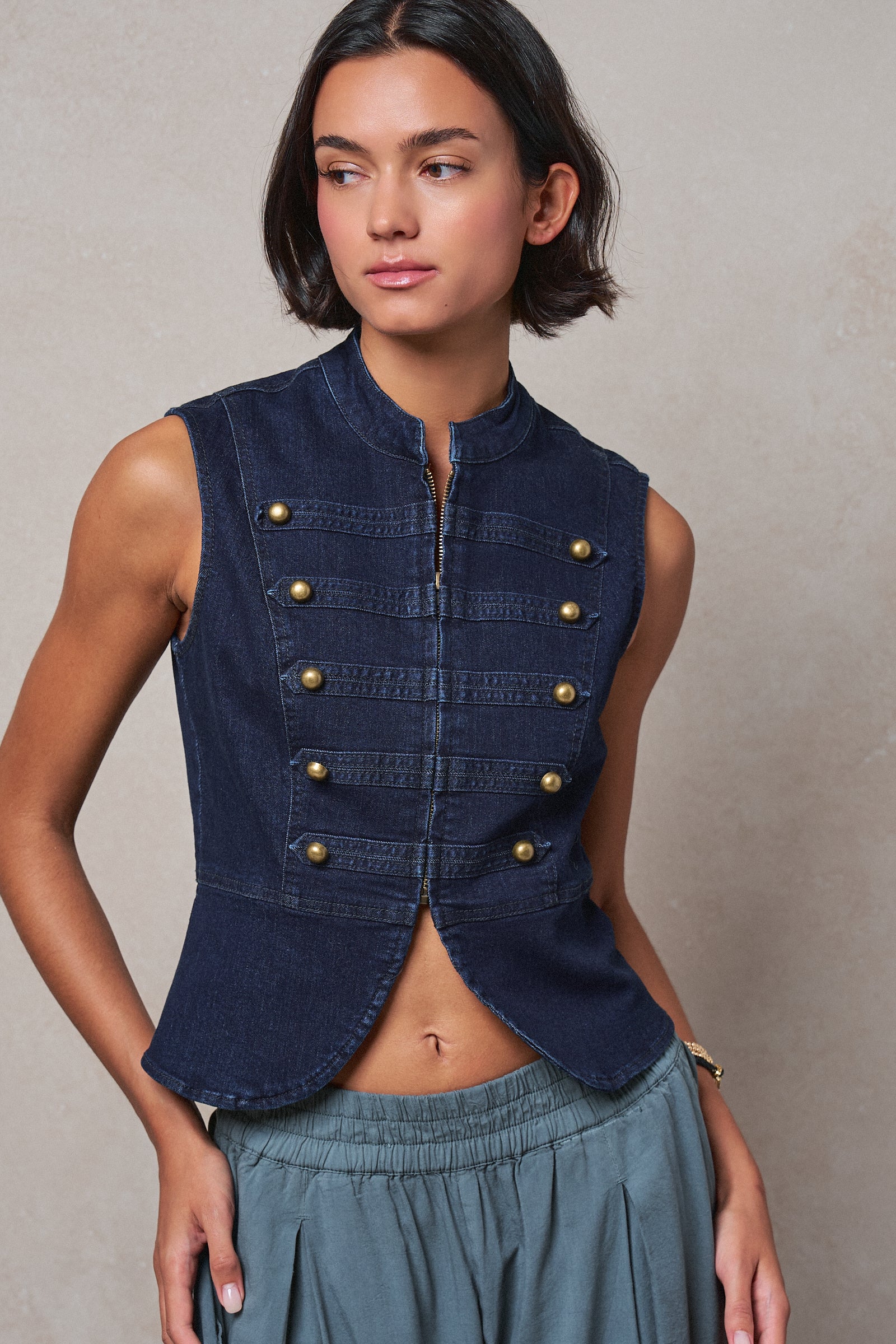 Military Button Zip-Front Denim Vest in INDIGO - Women's Fashion | Urban Daizy