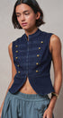 Military Button Zip-Front Denim Vest in INDIGO - Women's Fashion | Urban Daizy