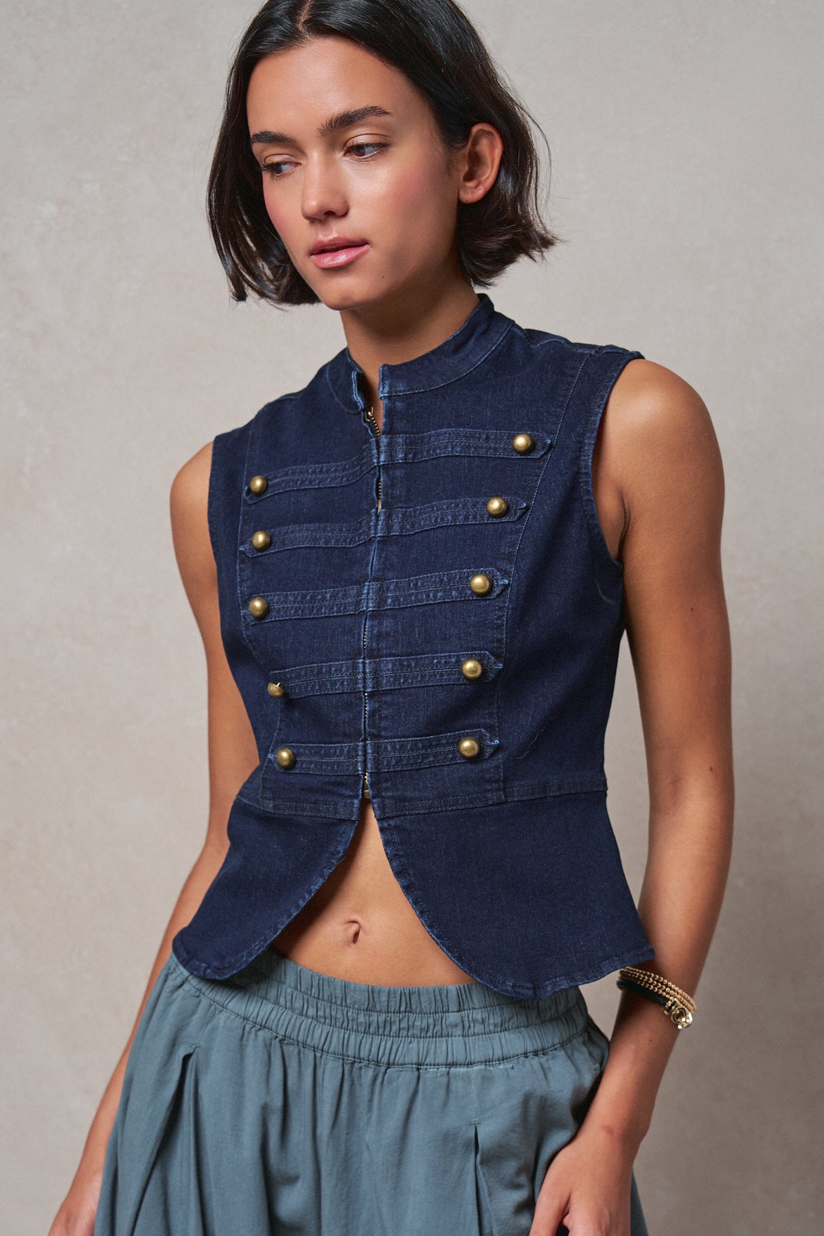 Military Button Zip-Front Denim Vest in INDIGO - Women's Fashion | Urban Daizy