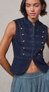 Military Button Zip-Front Denim Vest in INDIGO - Women's Fashion | Urban Daizy