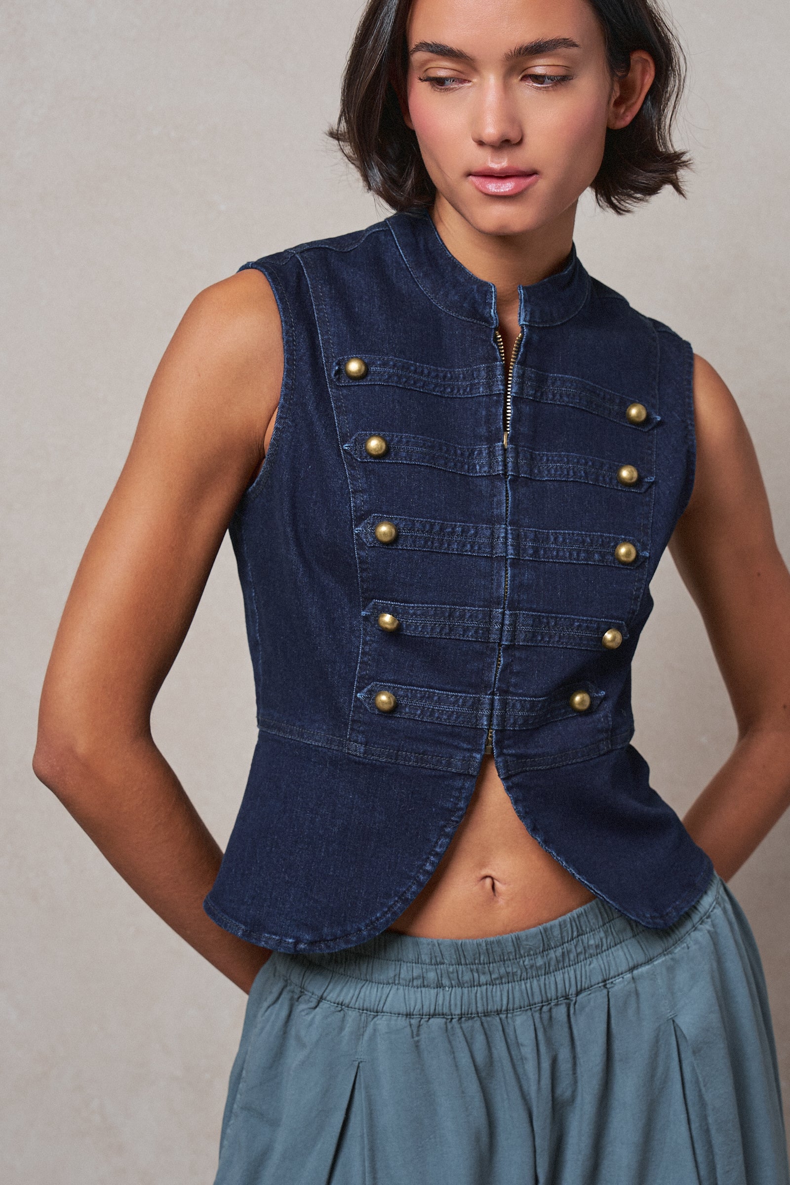 Military Button Zip-Front Denim Vest in INDIGO - Women's Fashion | Urban Daizy
