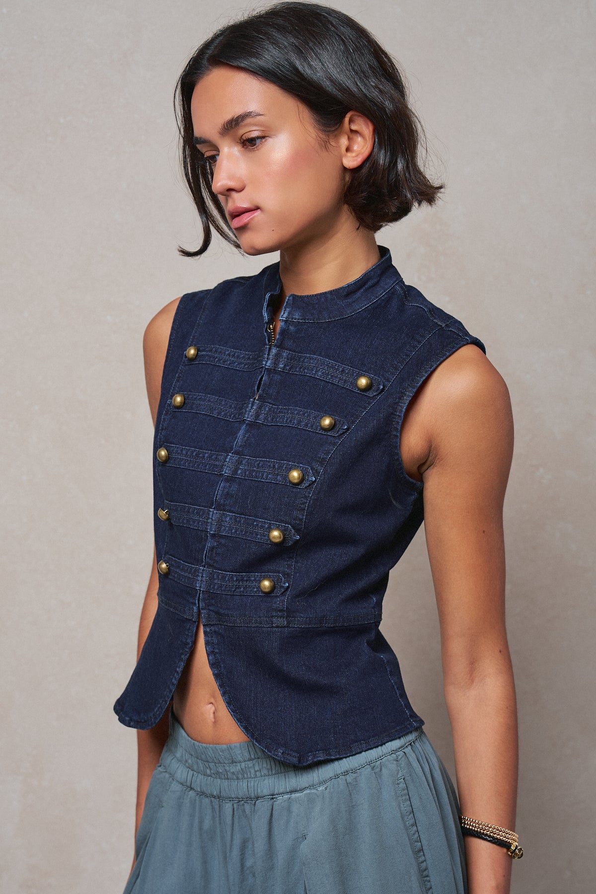 Military Button Zip-Front Denim Vest in INDIGO - Women's Fashion | Urban Daizy