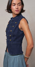 Military Button Zip-Front Denim Vest in INDIGO - Women's Fashion | Urban Daizy