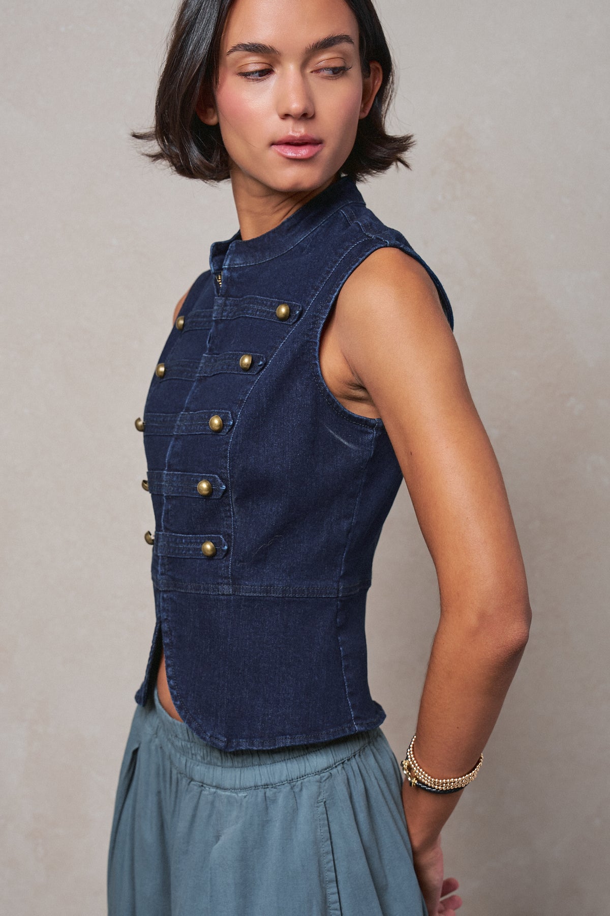 Military Button Zip-Front Denim Vest in INDIGO - Women's Fashion | Urban Daizy