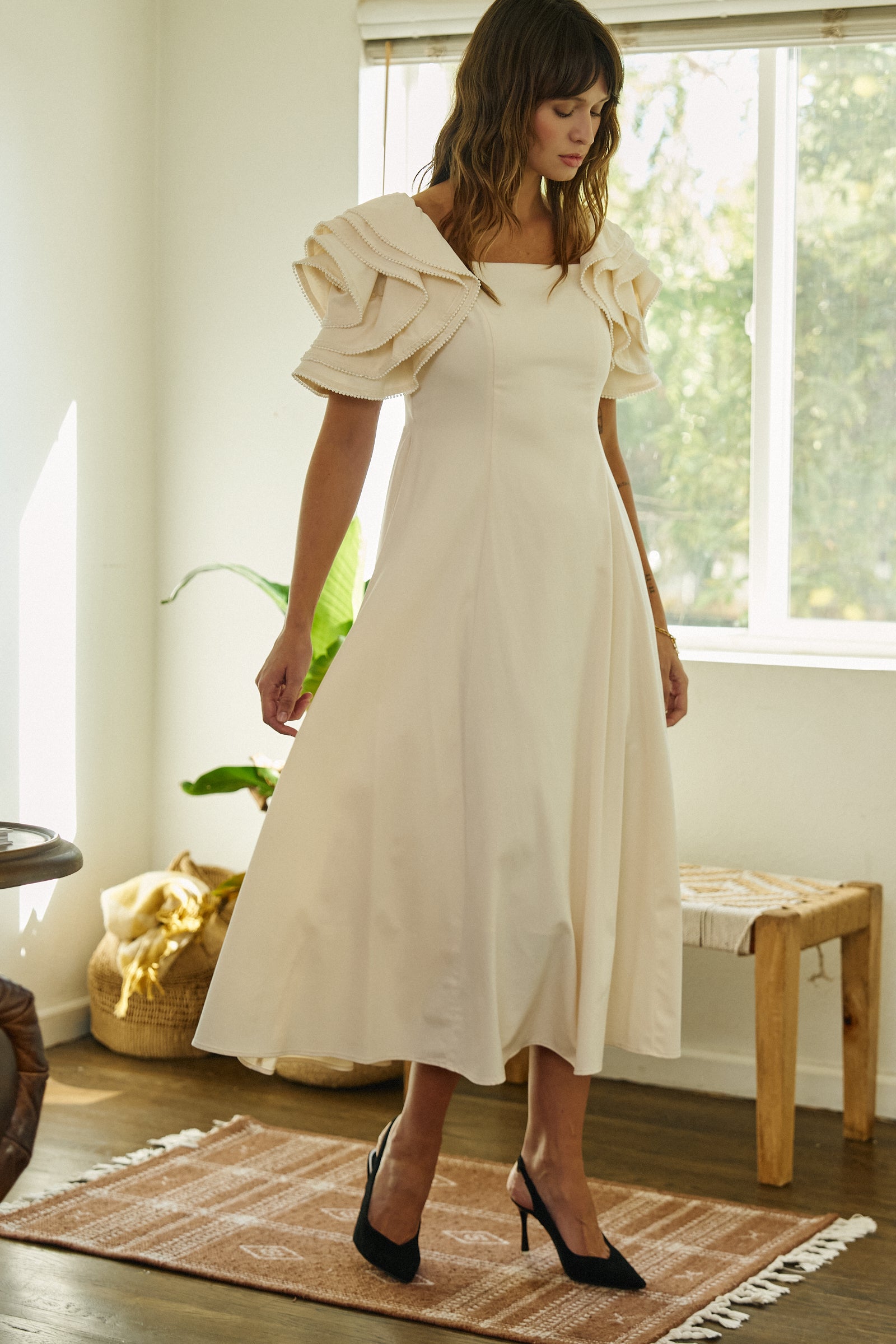 Tiered Ruffle Sleeve Smocked Midi Dress in IVORY - Women's Dresses | Urban Daizy