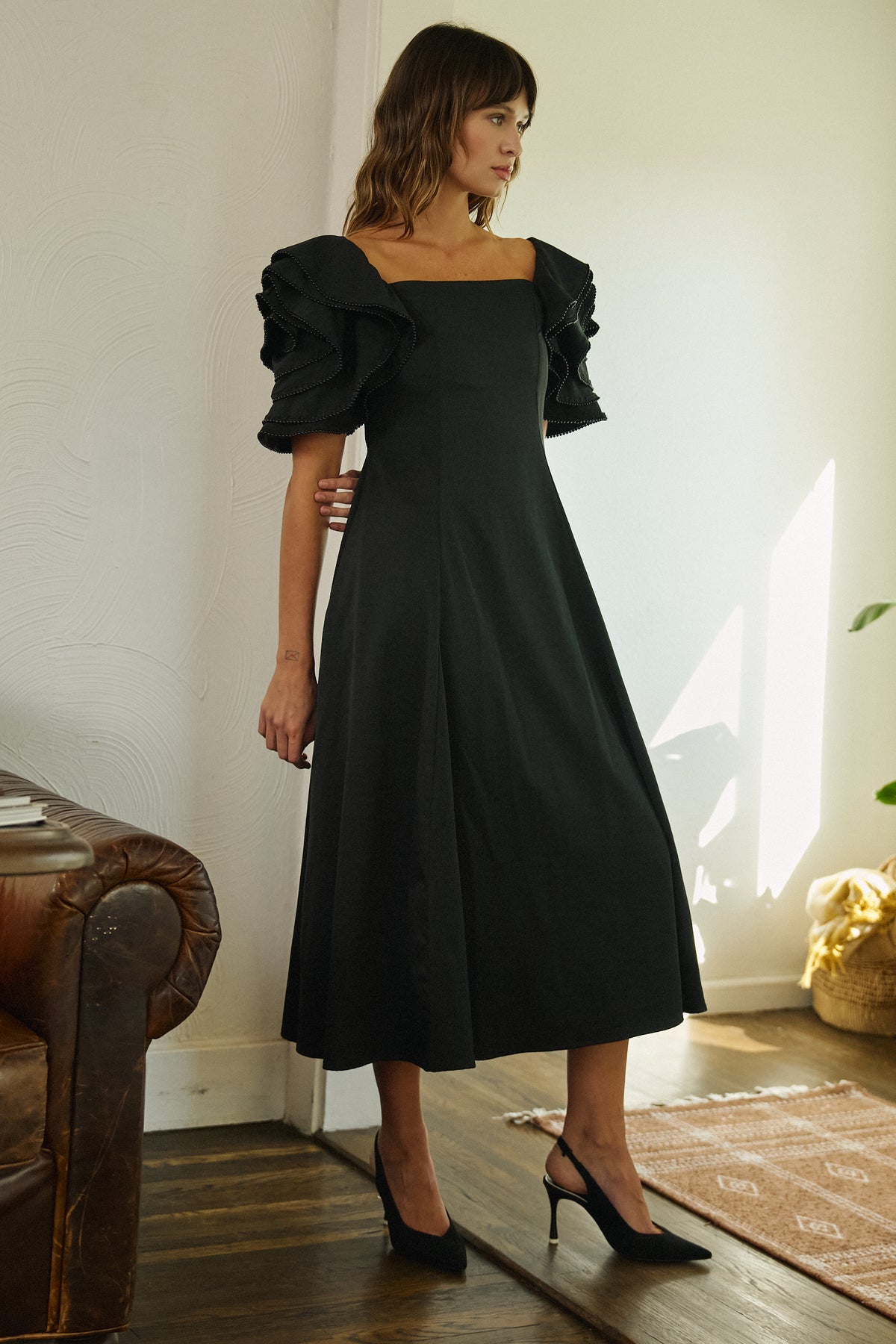 Tiered Ruffle Sleeve Smocked Midi Dress in BLACK - Women's Dresses | Urban Daizy