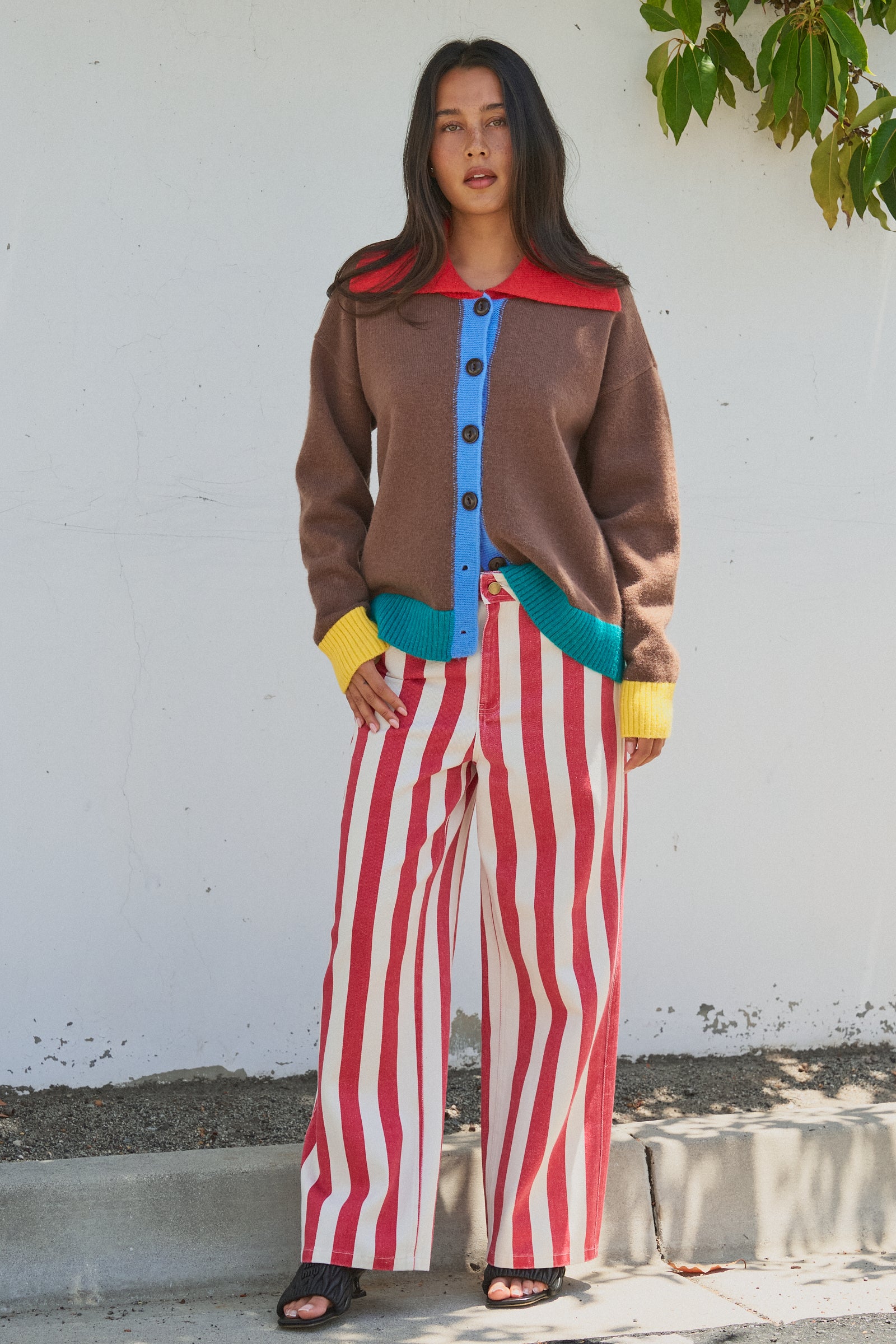 Colorblock Collared Button-Down Knit Cardigan in BROWN - Women's Fashion | Urban Daizy