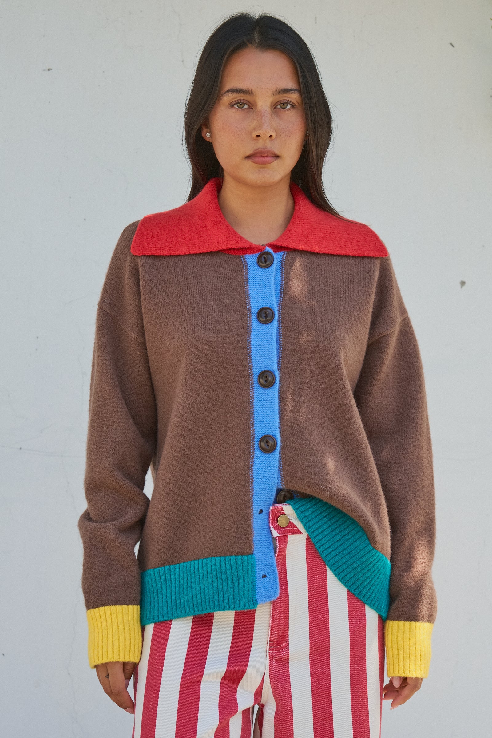 Colorblock Collared Button-Down Knit Cardigan in BROWN - Women's Fashion | Urban Daizy