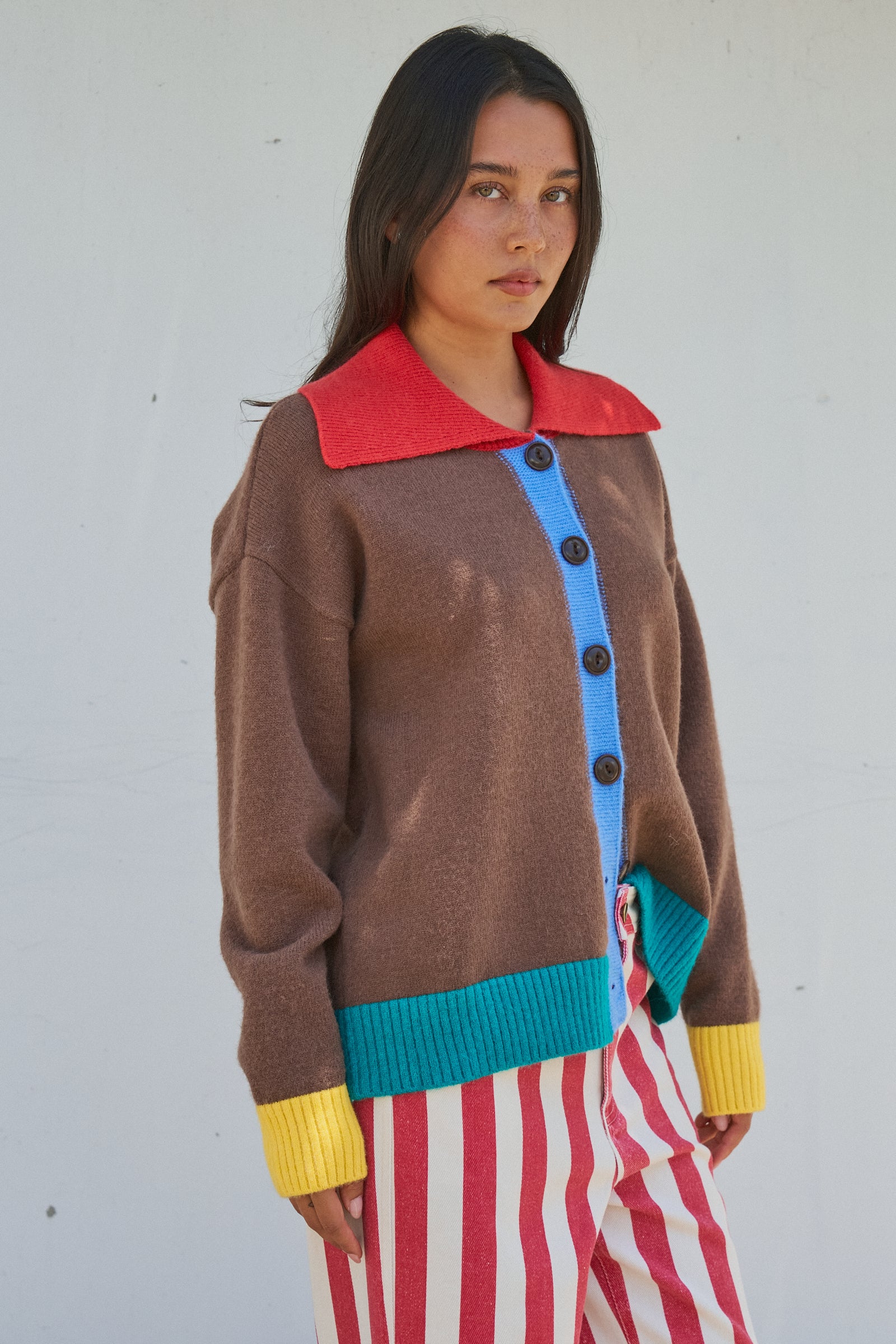 Colorblock Collared Button-Down Knit Cardigan in BROWN - Women's Fashion | Urban Daizy