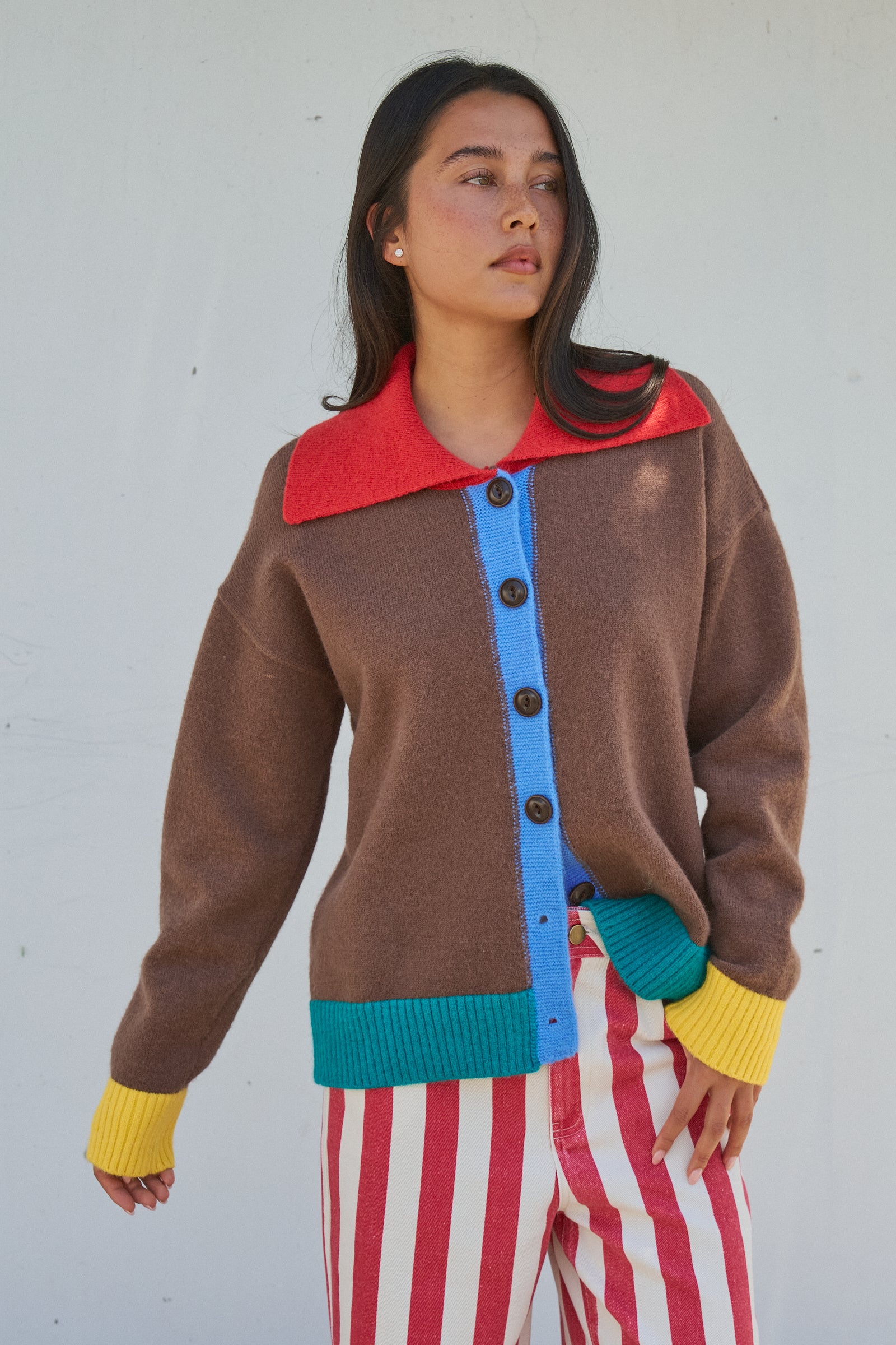 Colorblock Collared Button-Down Knit Cardigan in BROWN - Women's Fashion | Urban Daizy
