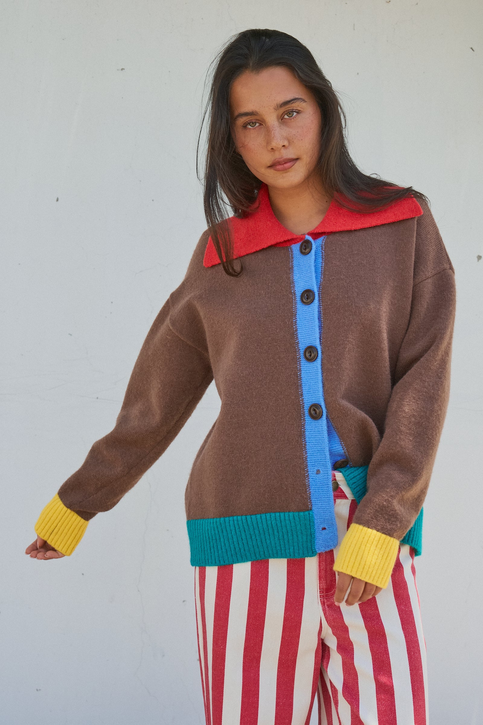 Colorblock Collared Button-Down Knit Cardigan in BROWN - Women's Fashion | Urban Daizy