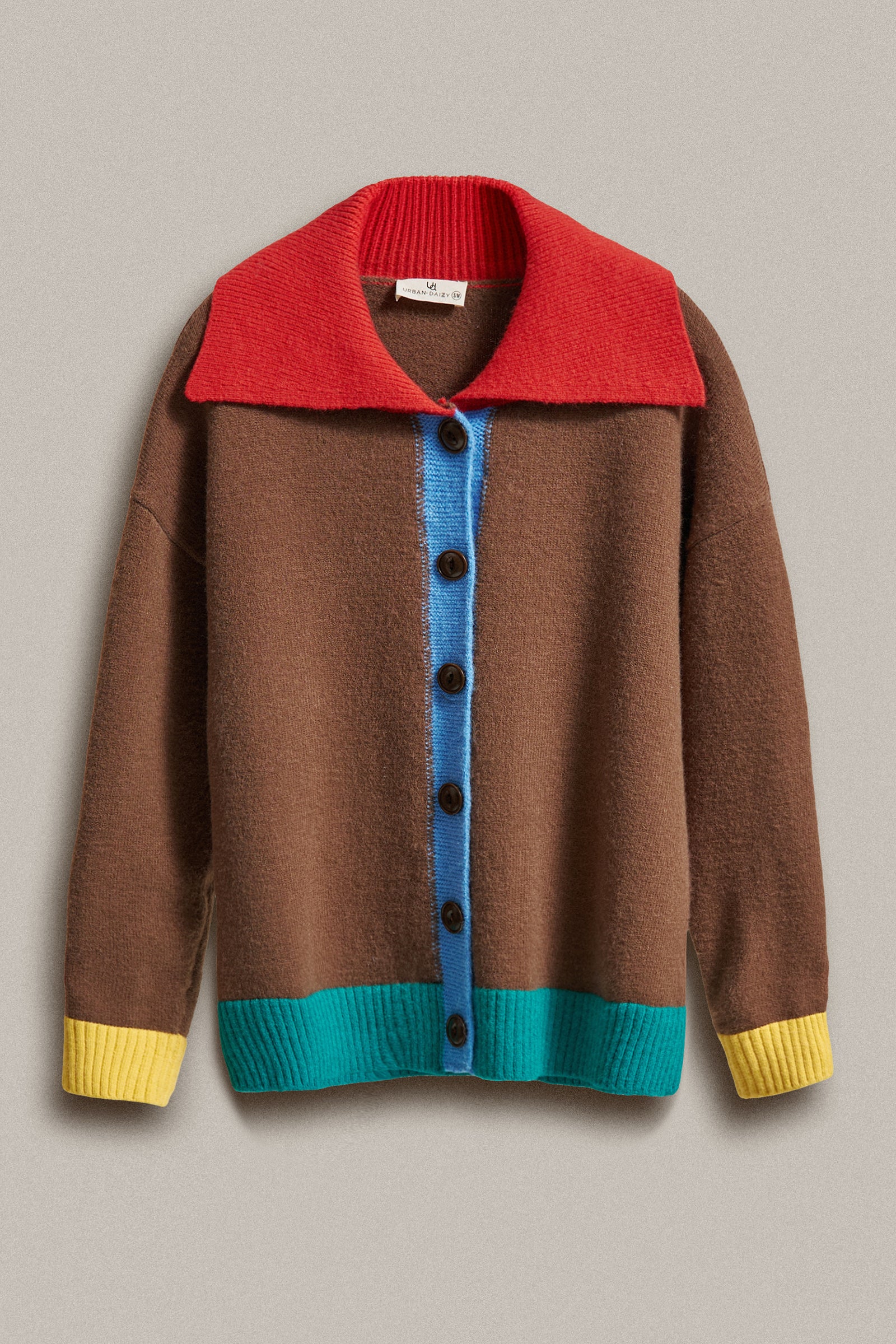 Colorblock Collared Button-Down Knit Cardigan in BROWN - Women's Fashion | Urban Daizy