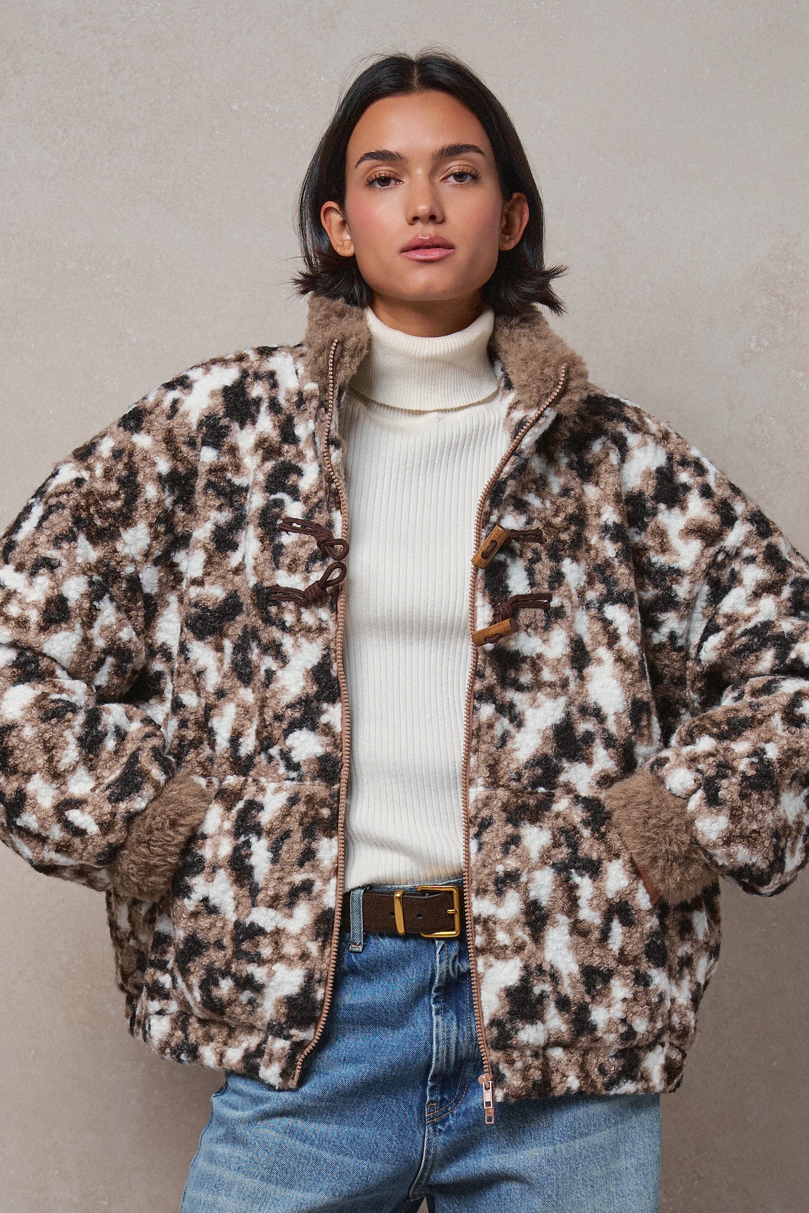 Printed Faux Fur Toggle Jacket in BROWN - Women's Fashion | Urban Daizy
