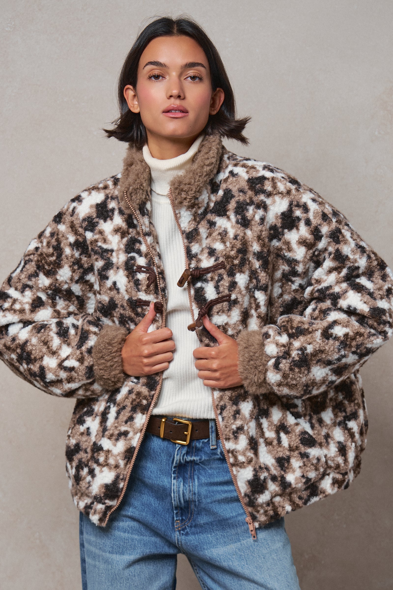 Printed Faux Fur Toggle Jacket in BROWN - Women's Fashion | Urban Daizy