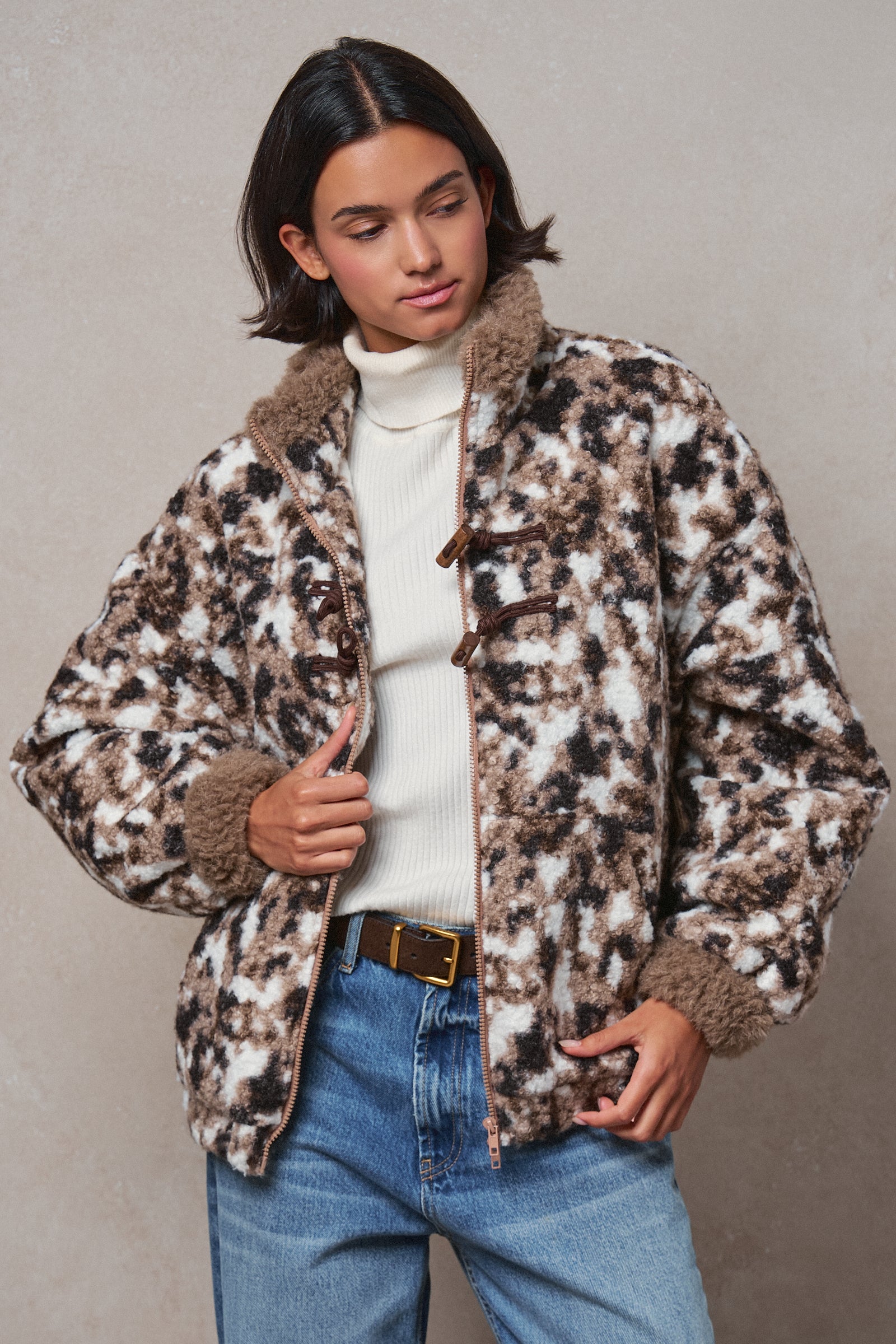 Printed Faux Fur Toggle Jacket in BROWN - Women's Fashion | Urban Daizy