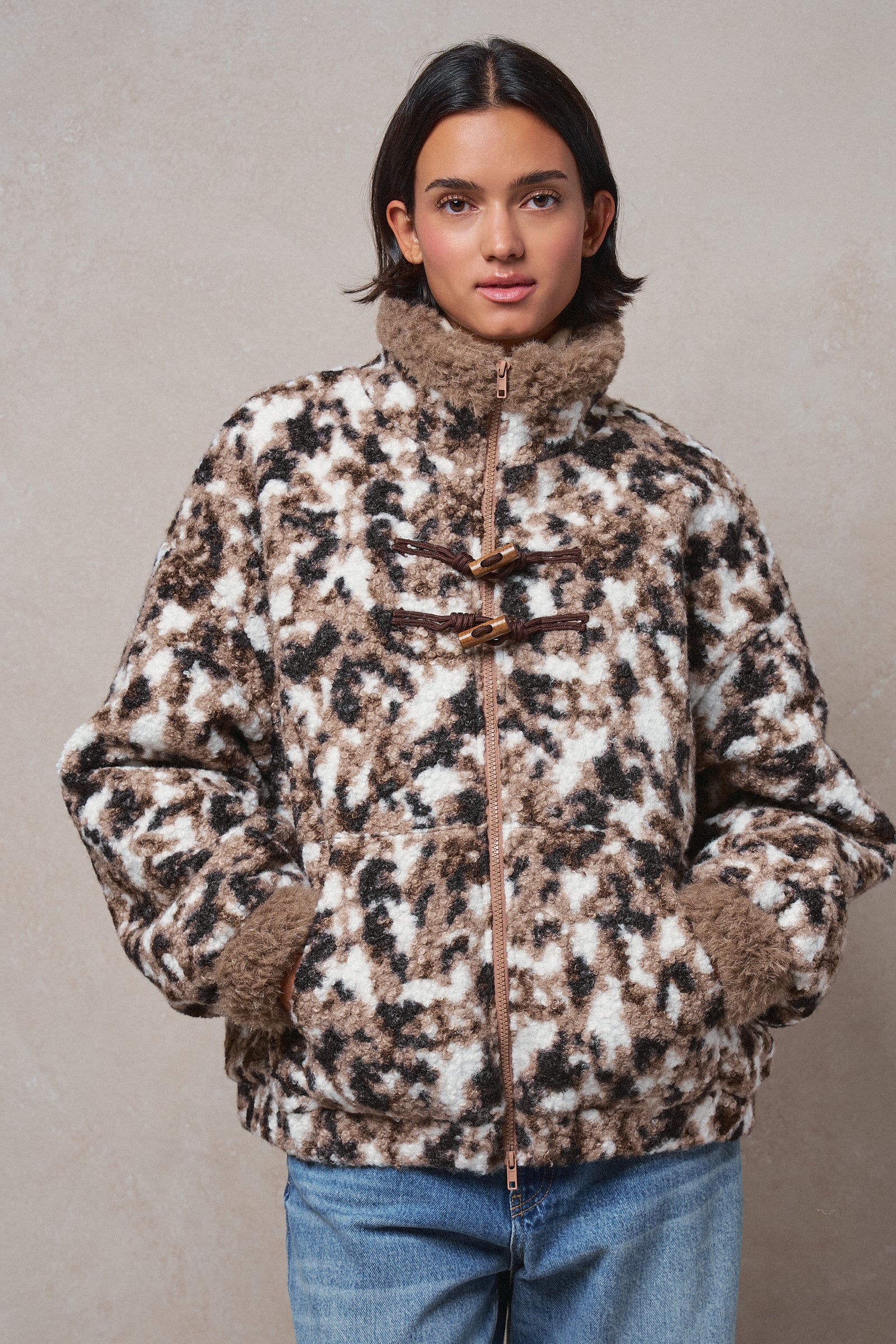 Printed Faux Fur Toggle Jacket in BROWN - Women's Fashion | Urban Daizy