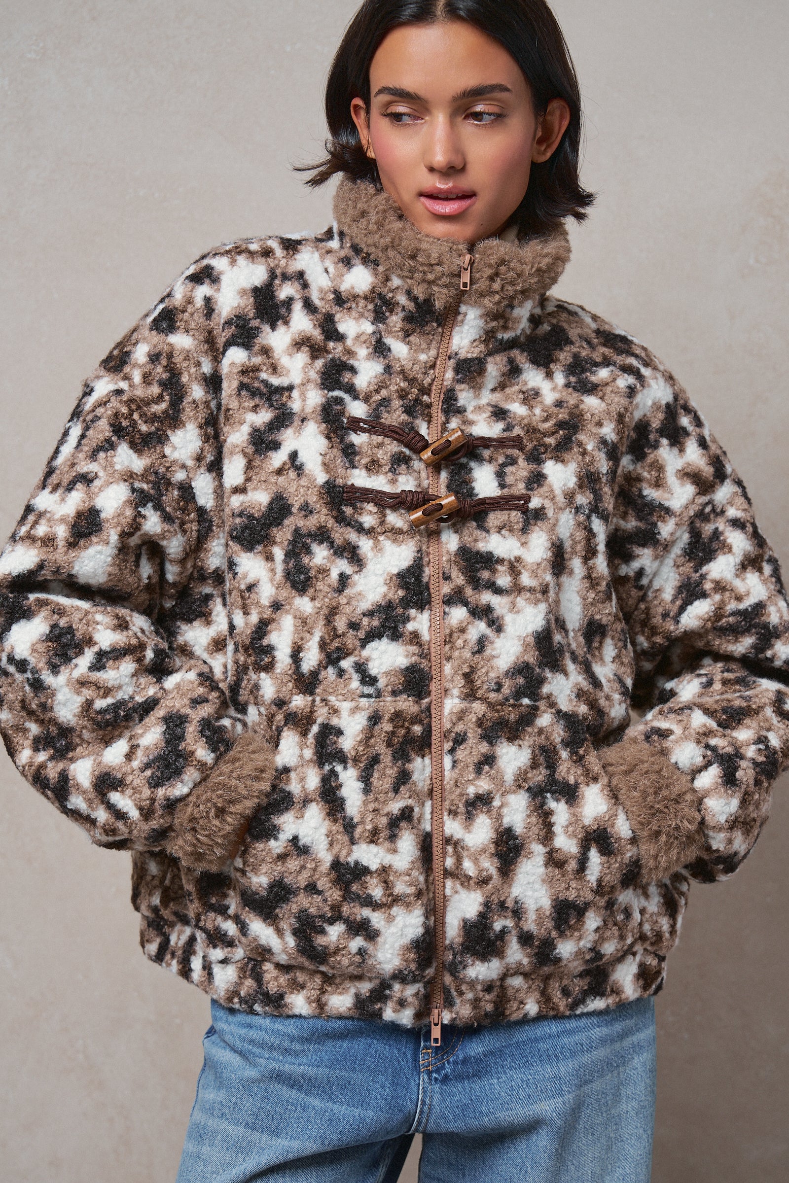 Printed Faux Fur Toggle Jacket in BROWN - Women's Fashion | Urban Daizy