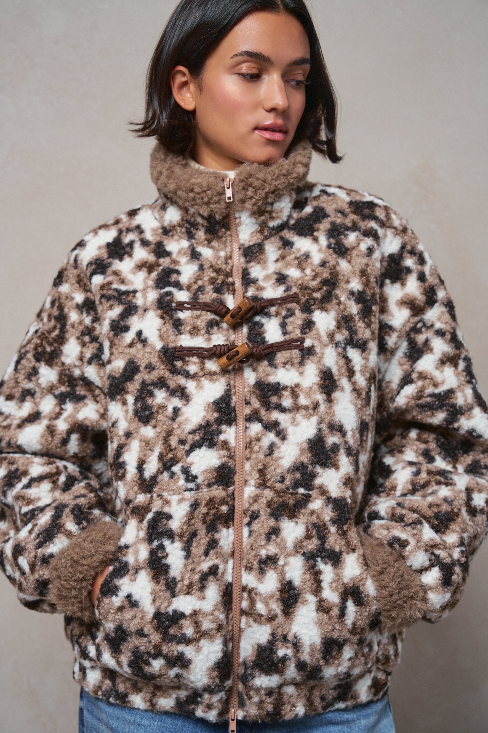 Printed Faux Fur Toggle Jacket in BROWN - Women's Fashion | Urban Daizy