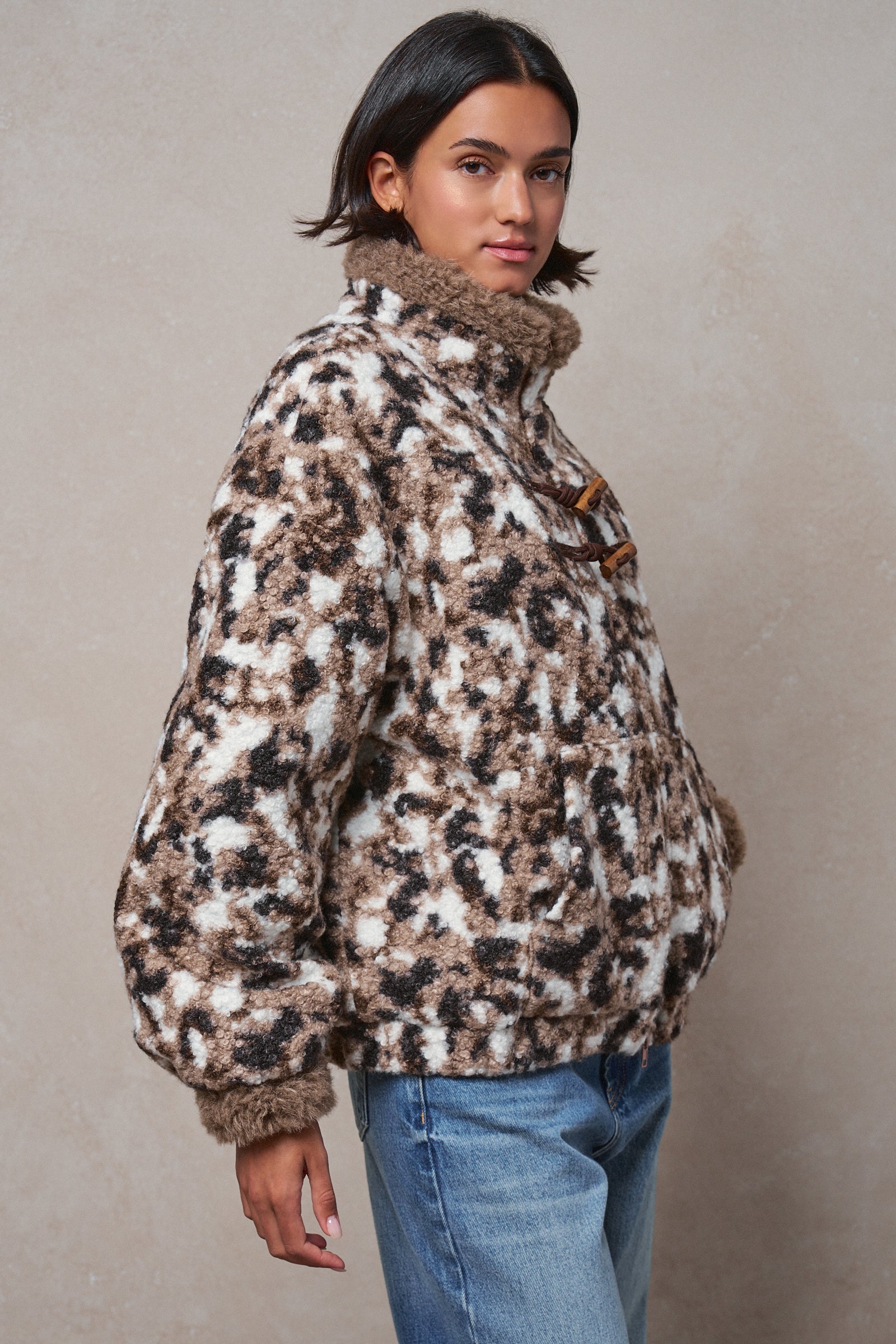 Printed Faux Fur Toggle Jacket in BROWN - Women's Fashion | Urban Daizy