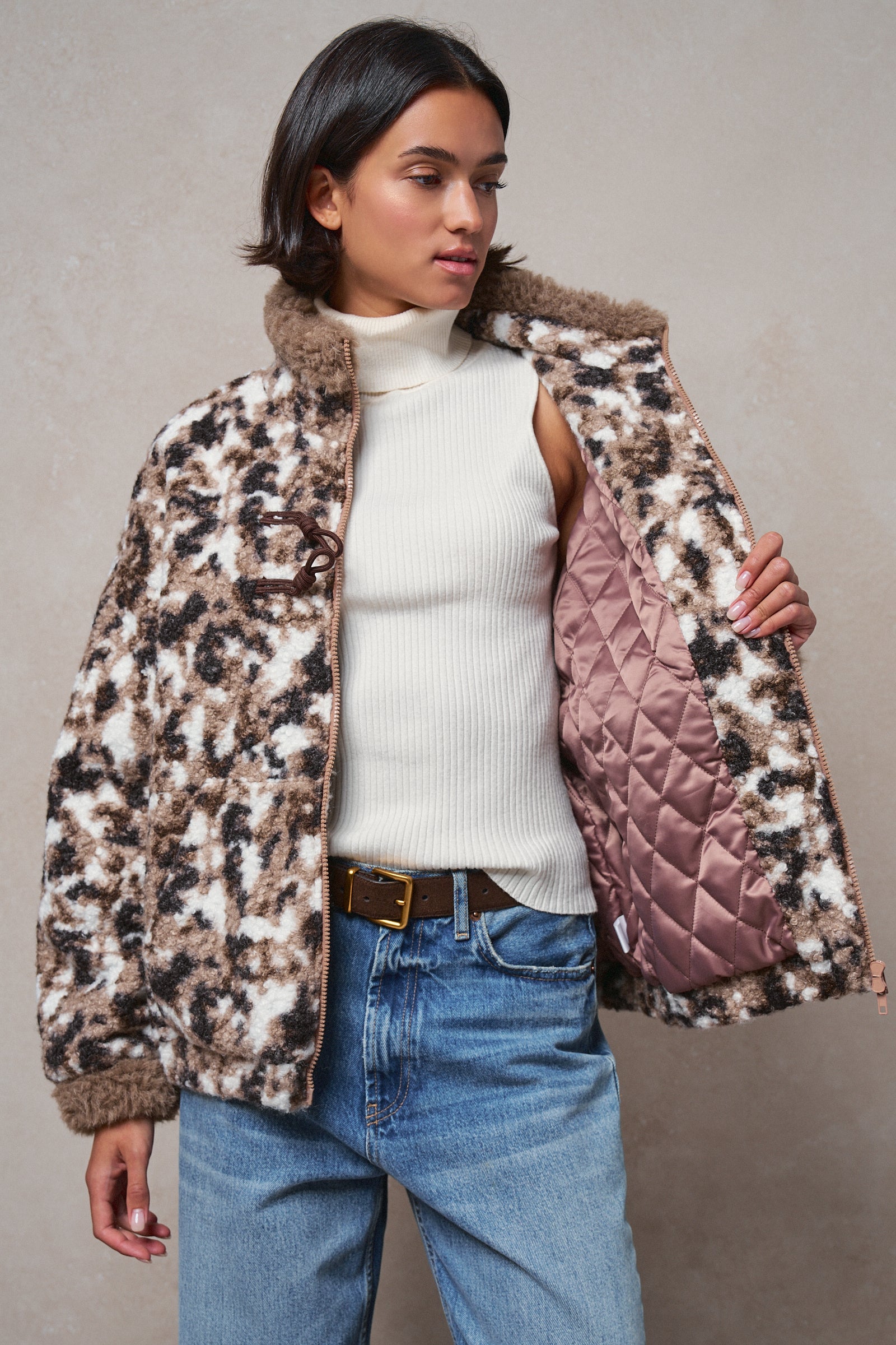 Printed Faux Fur Toggle Jacket in BROWN - Women's Fashion | Urban Daizy